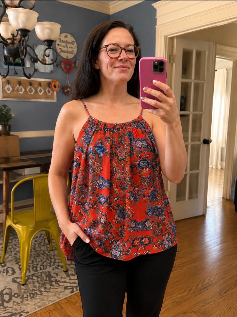 Collective Concepts Womens XXL Orange/Blue Floral Boho Scoop Neck Spaghetti Tank